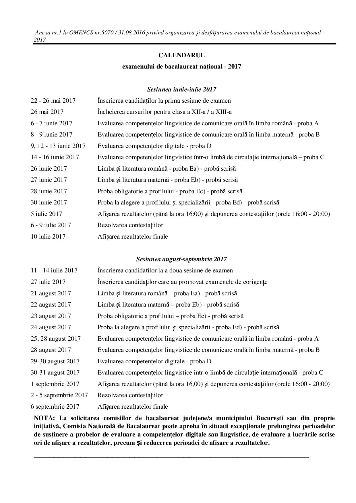 calendar BAC 2017 | Colegiul Hermes Petrosani
